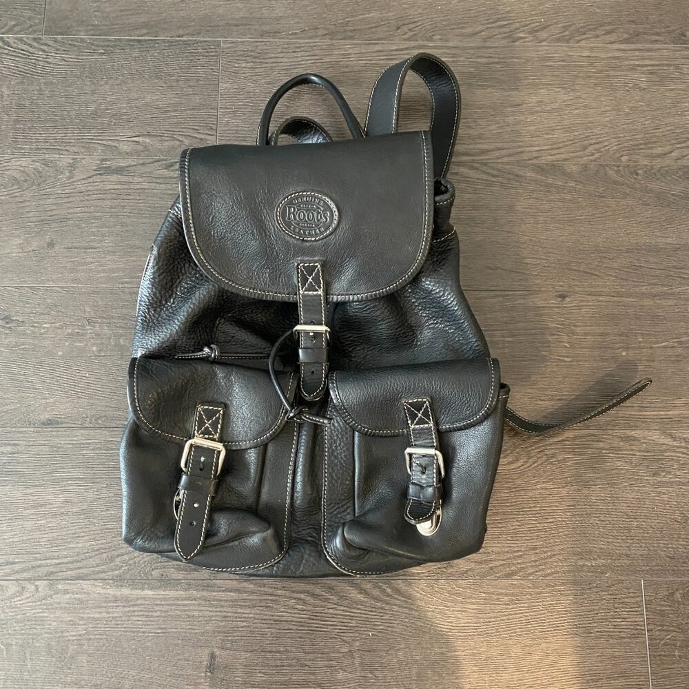 VINTAGE ROOTS LEATHER BACKPACK BLACK PREOWNED - Picture 16 of 16